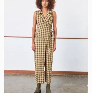Sleeveless Gingham Wrap Jumpsuit in Olive Brown
